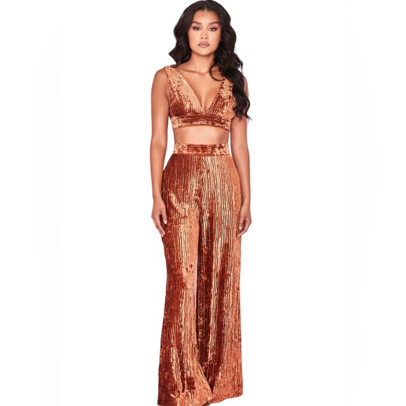 NWT HOUSE OF CB Set Rust Crushed Velvet Giorgia Top & Maelys Trousers XS - Picture 2 of 13